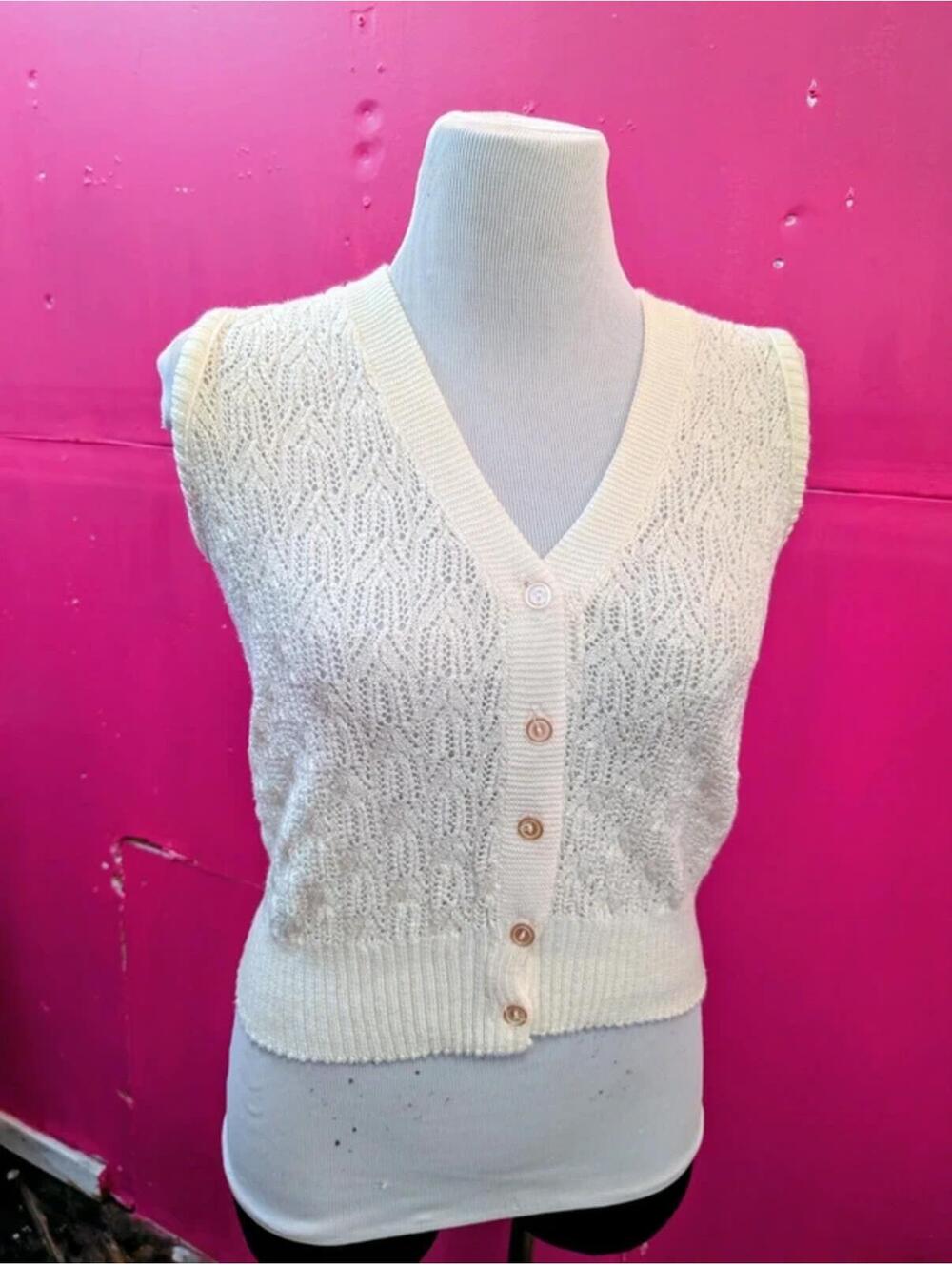 Vintage 80s Vest Cream Knitted Lace Sweater Vest M
